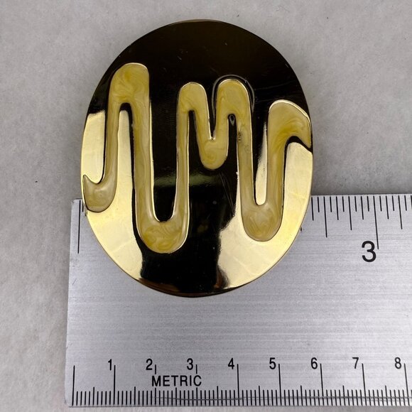 Vintage Oval Enamel Belt Buckle Gold & Cream Abstract Design - Picture 5 of 5